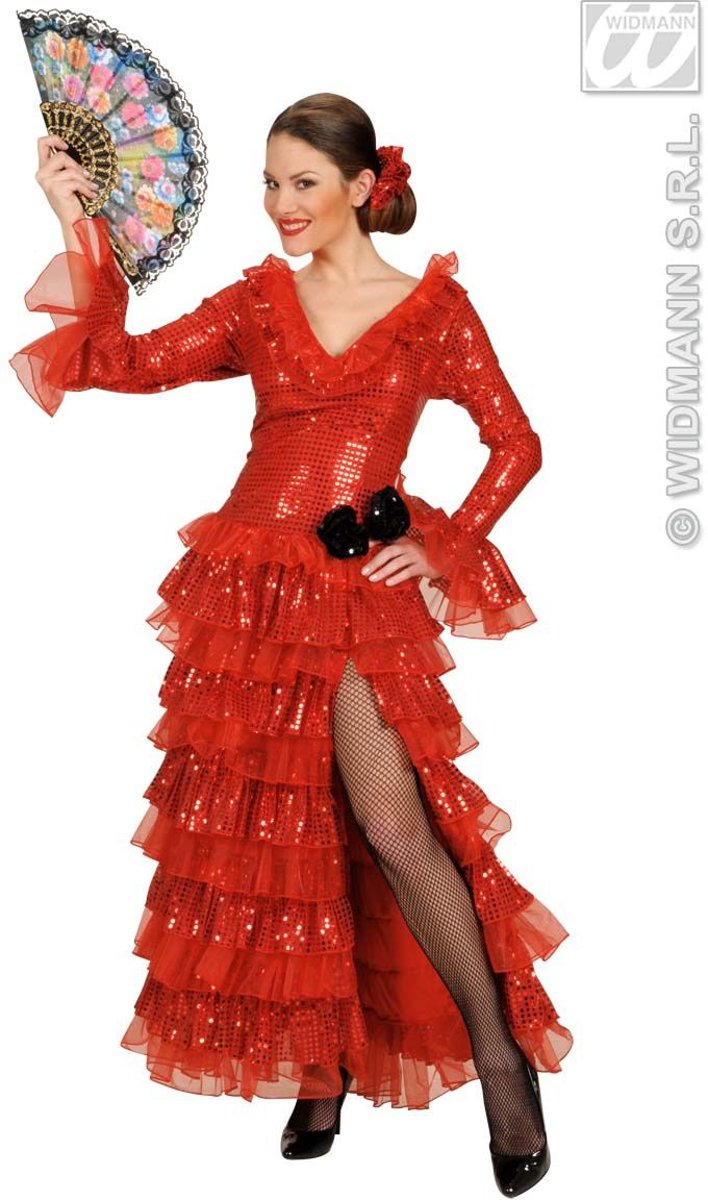 Spaans & Mexicaans Kostuum | Spaanse Paillettenjurk Carmencita Princesa Flamenca Kostuum Vrouw | XL | Carnaval kostuum | Verkleedkleding